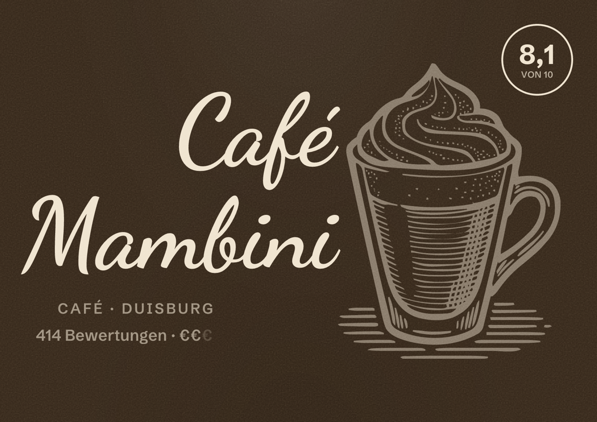 Illustriertes Poster von Café Mambini, Café in Duisburg: Gästebewertung 8,1 von 10 aus 414 Bewertungen
