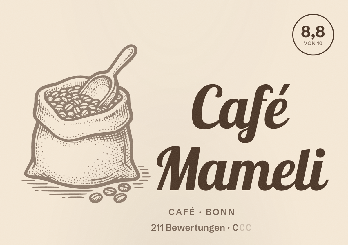 Illustriertes Poster von Café Mameli, Café in Bonn: Bewertung 8,8 von 10 aus 211 Bewertungen, Preisniveau €