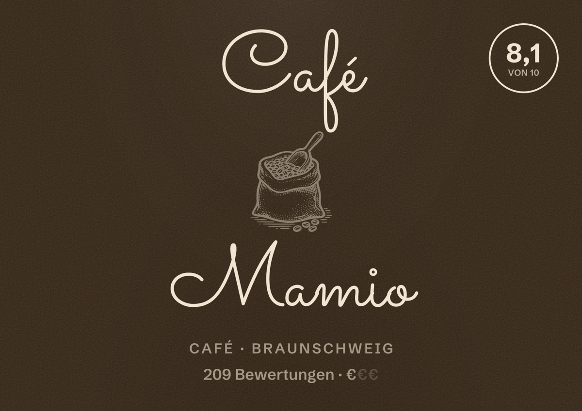 Illustriertes Poster von Café Mamio, Café in Braunschweig: Bewertung 8,1 von 10 aus 209 Bewertungen, Preisniveau €
