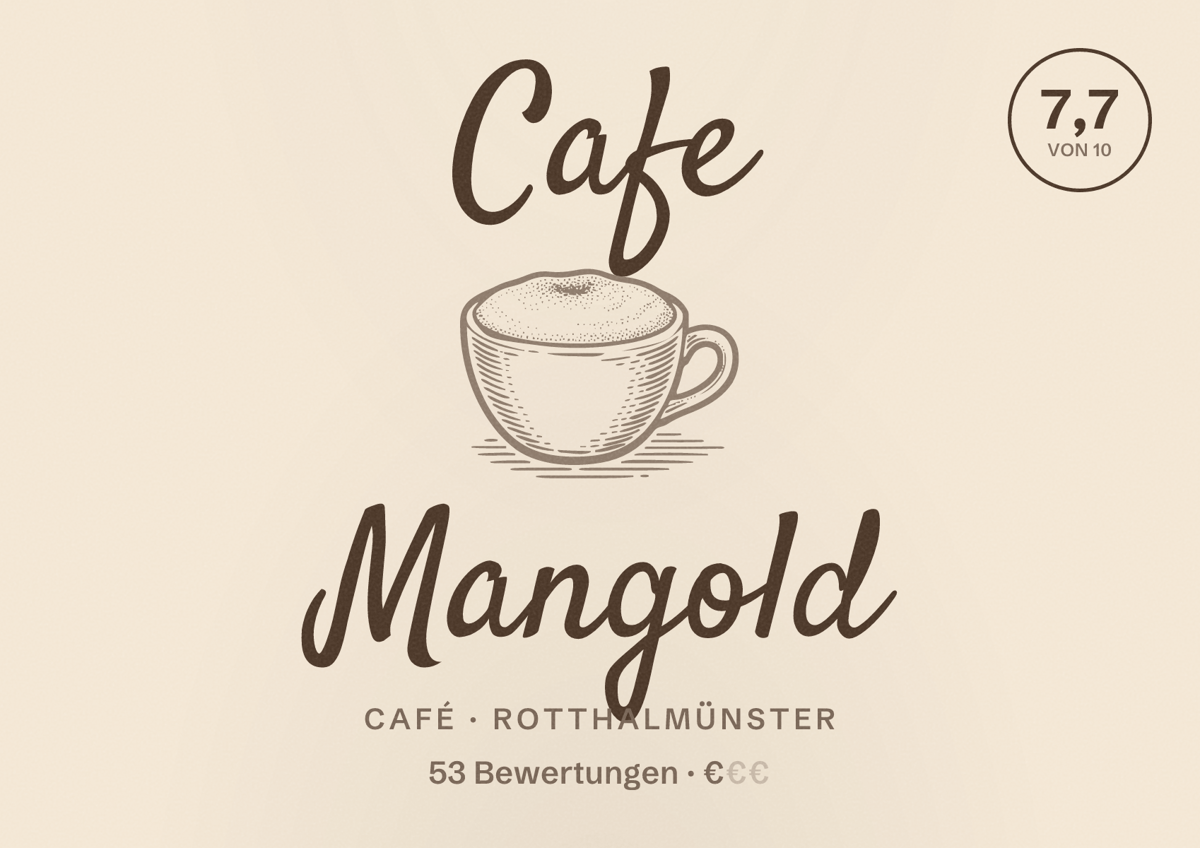 Illustriertes Poster von Cafe Mangold, Café in Rotthalmünster: Bewertung 7,7 von 10 aus 53 Bewertungen, Preisniveau €