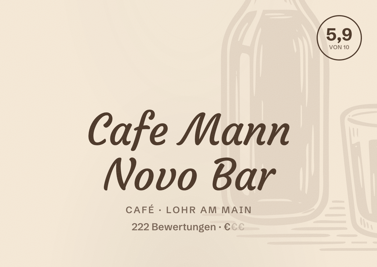 Illustriertes Poster von Cafe Mann Novo Bar, Café in Lohr am Main: Bewertung 5,9 von 10 aus 222 Bewertungen, Preisniveau €