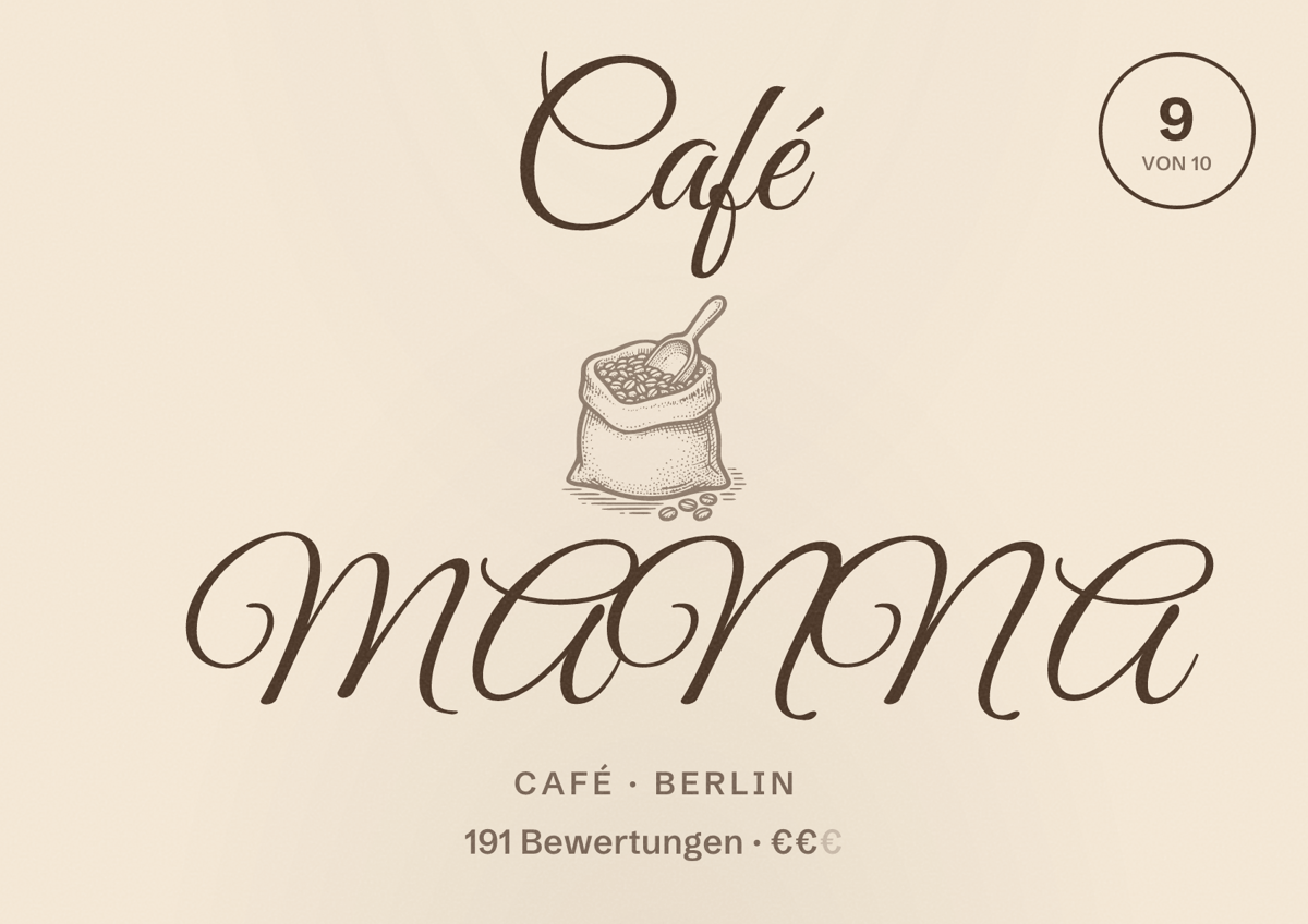 Illustriertes Poster von Café MANNA, Café in Berlin: Bewertung 9,0 von 10 aus 191 Bewertungen, Preisniveau €€