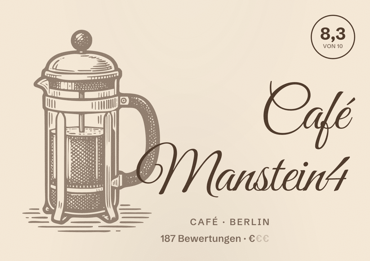 Illustriertes Poster von Café Manstein4, Café in Berlin: Bewertung 8,3 von 10 aus 187 Bewertungen, Preisniveau €