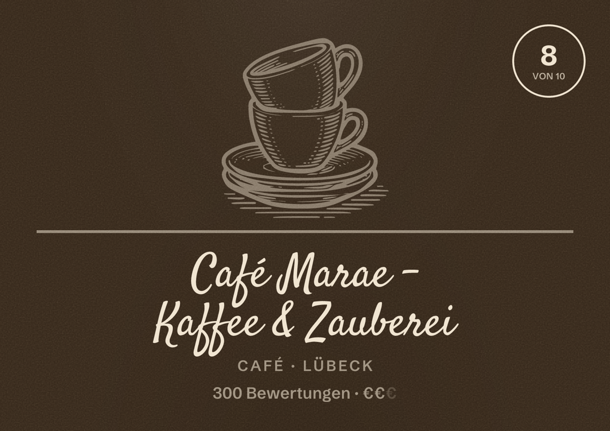 Illustriertes Poster von Café Marae - Kaffee & Zauberei, Café in Lübeck: Bewertung 8 von 10 aus 300 Bewertungen, Preisniveau €€
