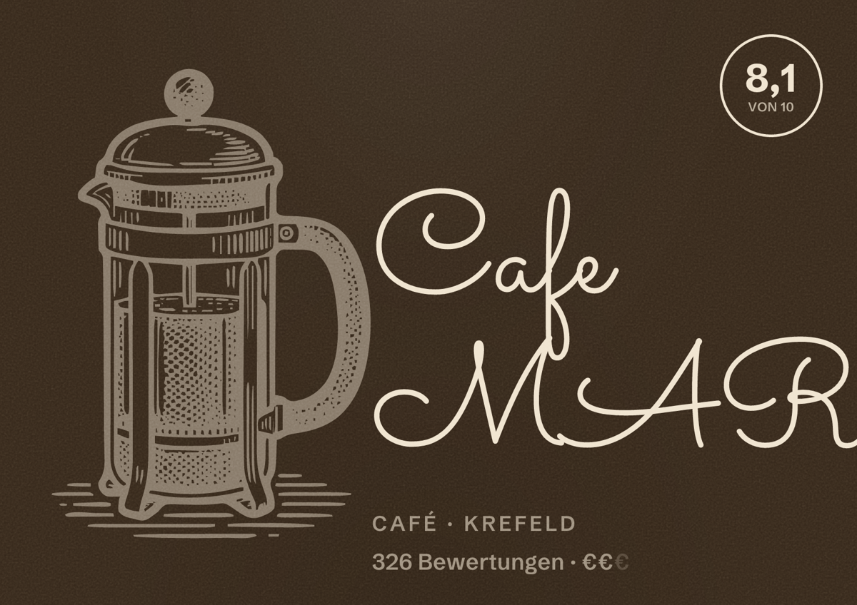 Illustriertes Poster von Cafe MARI, Café in Krefeld: Bewertung 8,1 von 10 aus 326 Bewertungen, Preisniveau €€