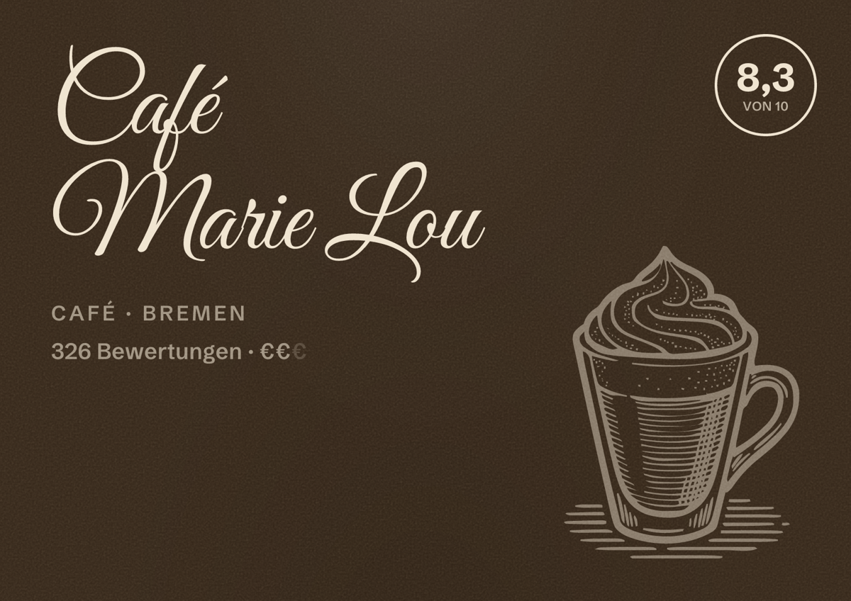 Illustriertes Poster von Café Marie Lou, Café in Bremen: Bewertung 8,3 von 10 aus 326 Bewertungen, Preisniveau €€