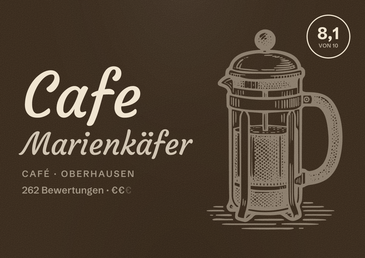 Illustriertes Poster von Cafe Marienkäfer, Café in Oberhausen: Bewertung 8,1 von 10 aus 262 Bewertungen, Preisniveau €€