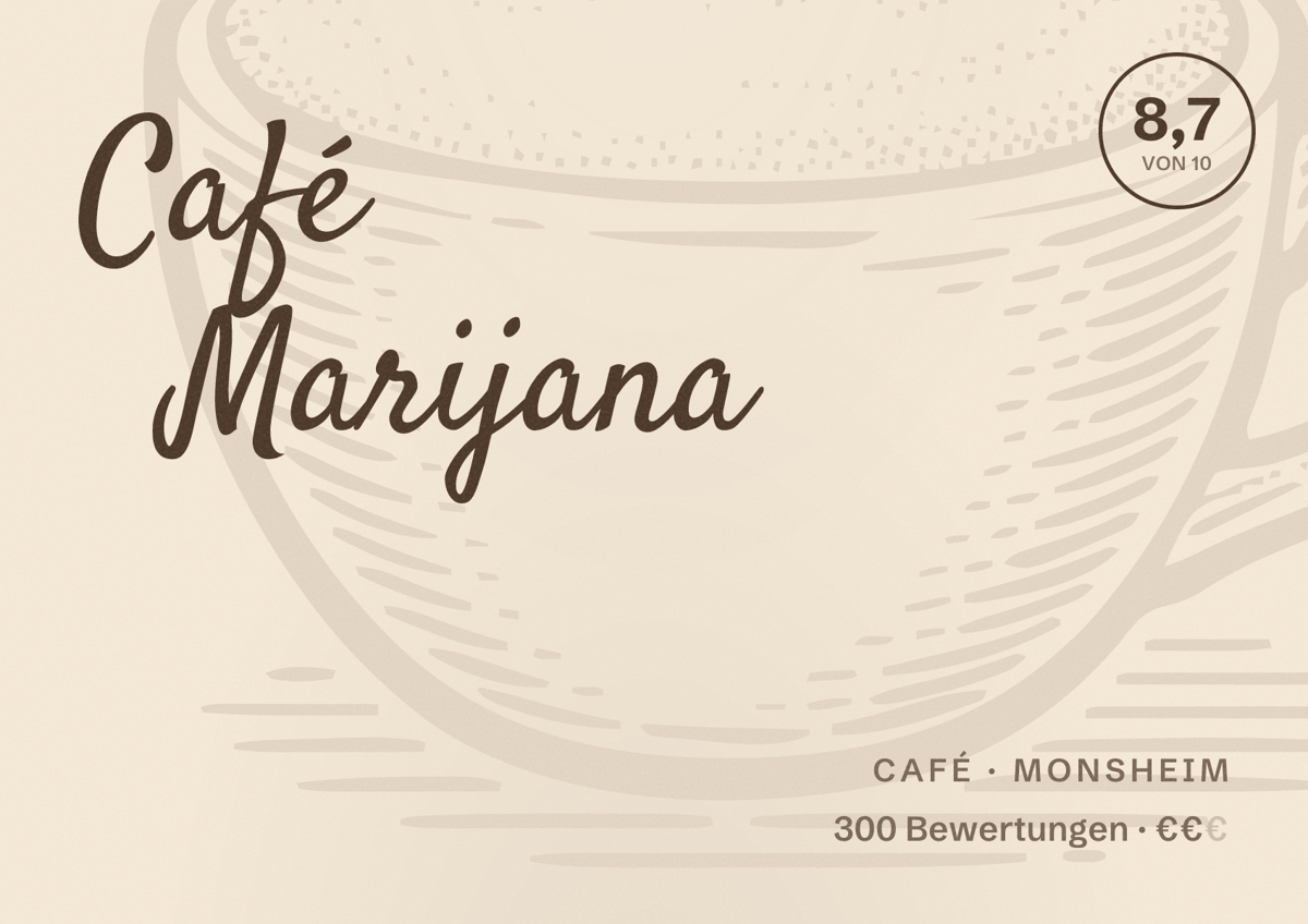 Illustriertes Poster von Café Marijana, Café in Monsheim: Bewertung 8,7 von 10 aus 300 Bewertungen, Preisniveau €€