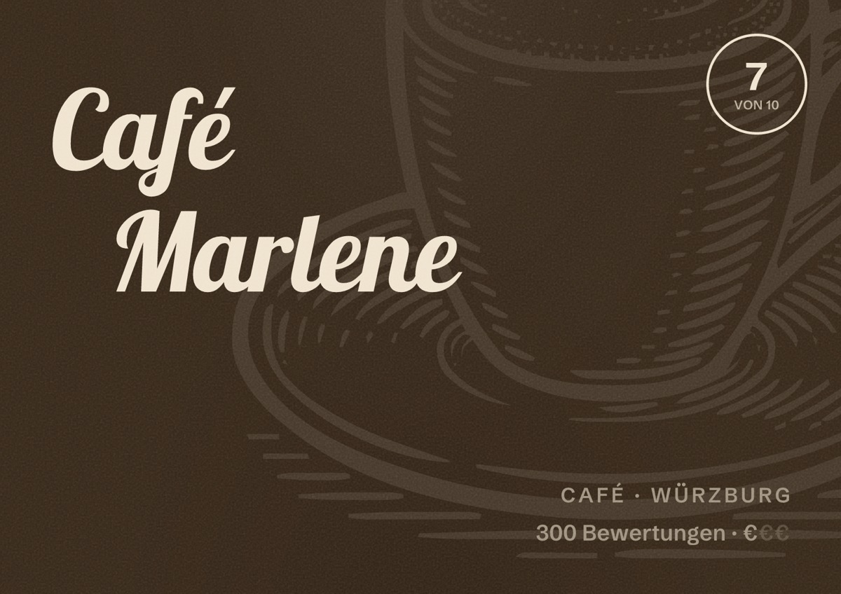 Illustriertes Poster von Café Marlene, Café in Würzburg: Bewertung 7 von 10 aus 300 Bewertungen, Preisniveau €