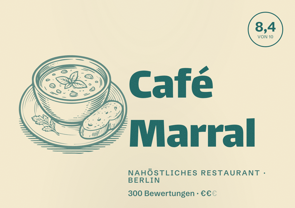Illustriertes Poster von Café Marral, Nahöstliches Restaurant in Berlin: Bewertung 8,4 von 10 aus 300 Bewertungen, Preisniveau €€