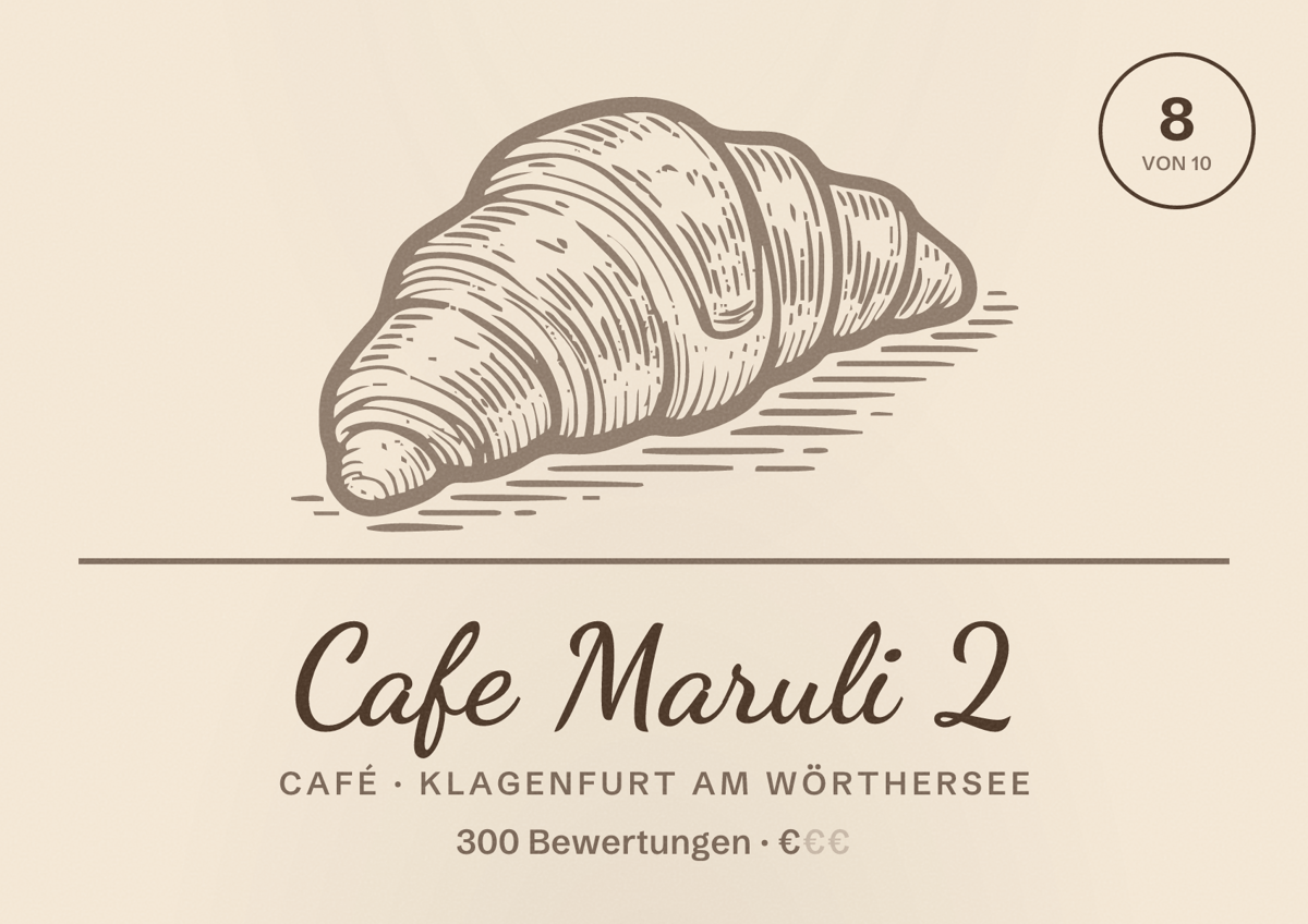 Illustriertes Poster von Cafe Maruli 2, Café in Klagenfurt am Wörthersee: Bewertung 8 von 10 aus 300 Bewertungen, Preisniveau €