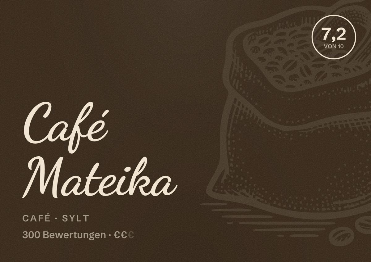 Illustriertes Poster von Café Mateika, Café in Sylt: Bewertung 7,2 von 10 aus 300 Bewertungen, Preisniveau €€