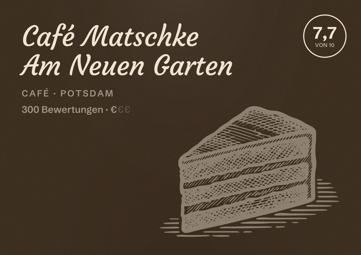 Illustriertes Poster von Café Matschke Am Neuen Garten, Café in Potsdam: Bewertung 7,7 von 10 aus 300 Bewertungen, Preisniveau €