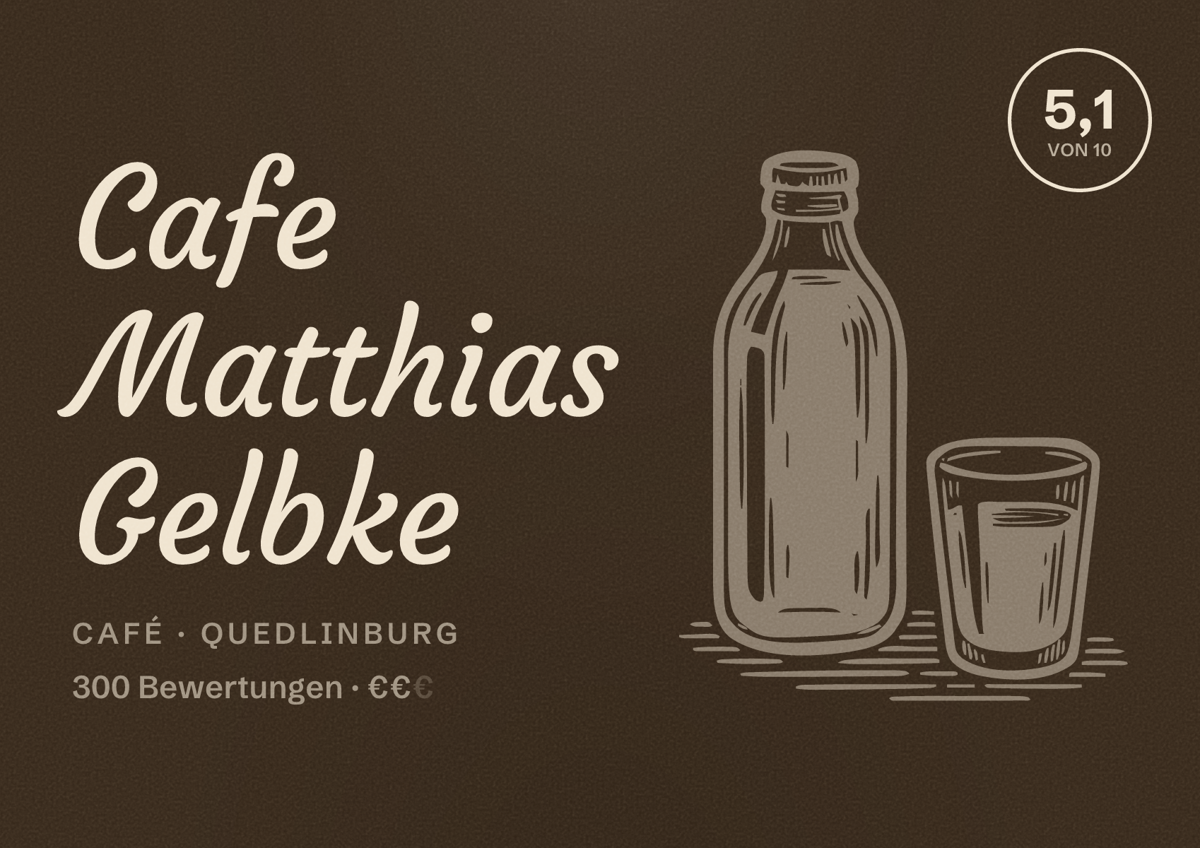 Illustriertes Poster von Cafe Matthias Gelbke, Café in Quedlinburg: Bewertung 5,1 von 10 aus 300 Bewertungen, Preisniveau €€