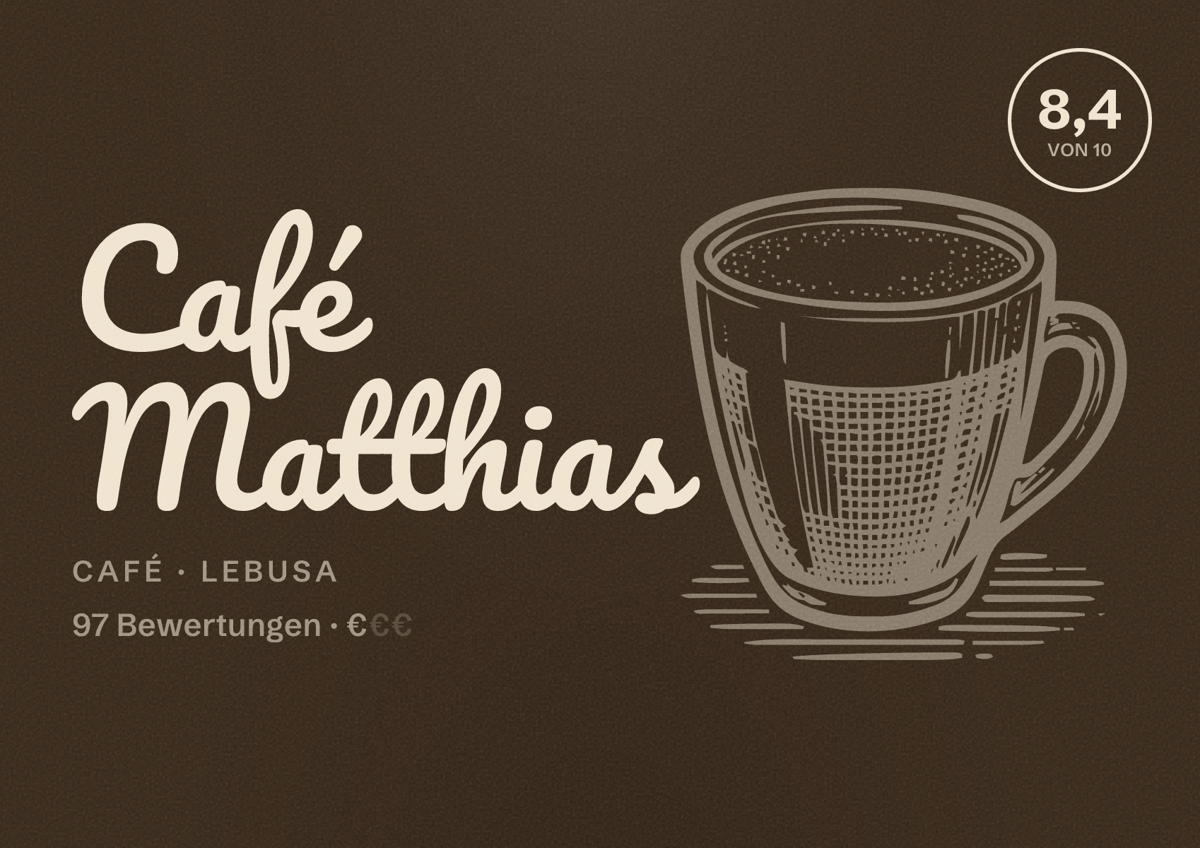 Illustriertes Poster von Café Matthias, Café in Lebusa: Bewertung 8,4 von 10 aus 97 Bewertungen, Preisniveau €