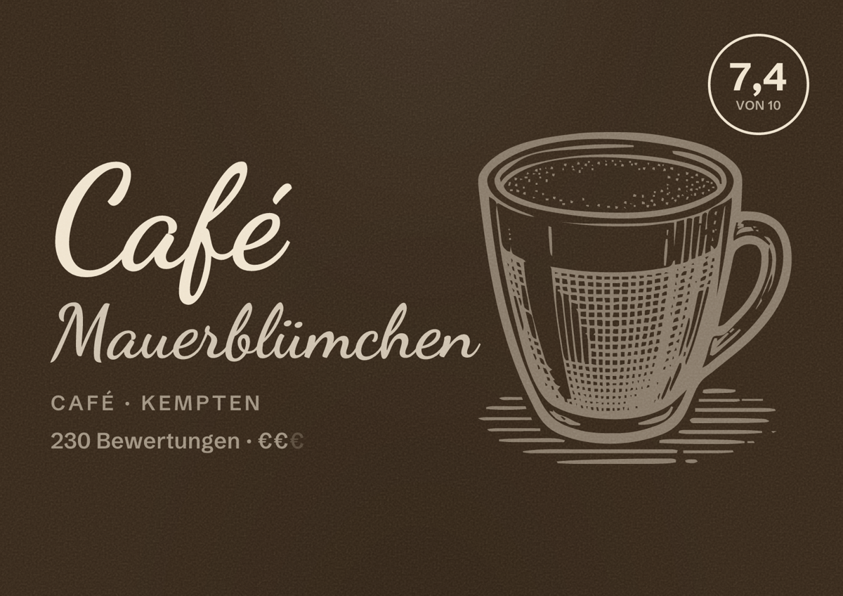 Illustriertes Poster von Café Mauerblümchen, Café in Kempten: Bewertung 7,4 von 10 aus 230 Bewertungen, Preisniveau €€