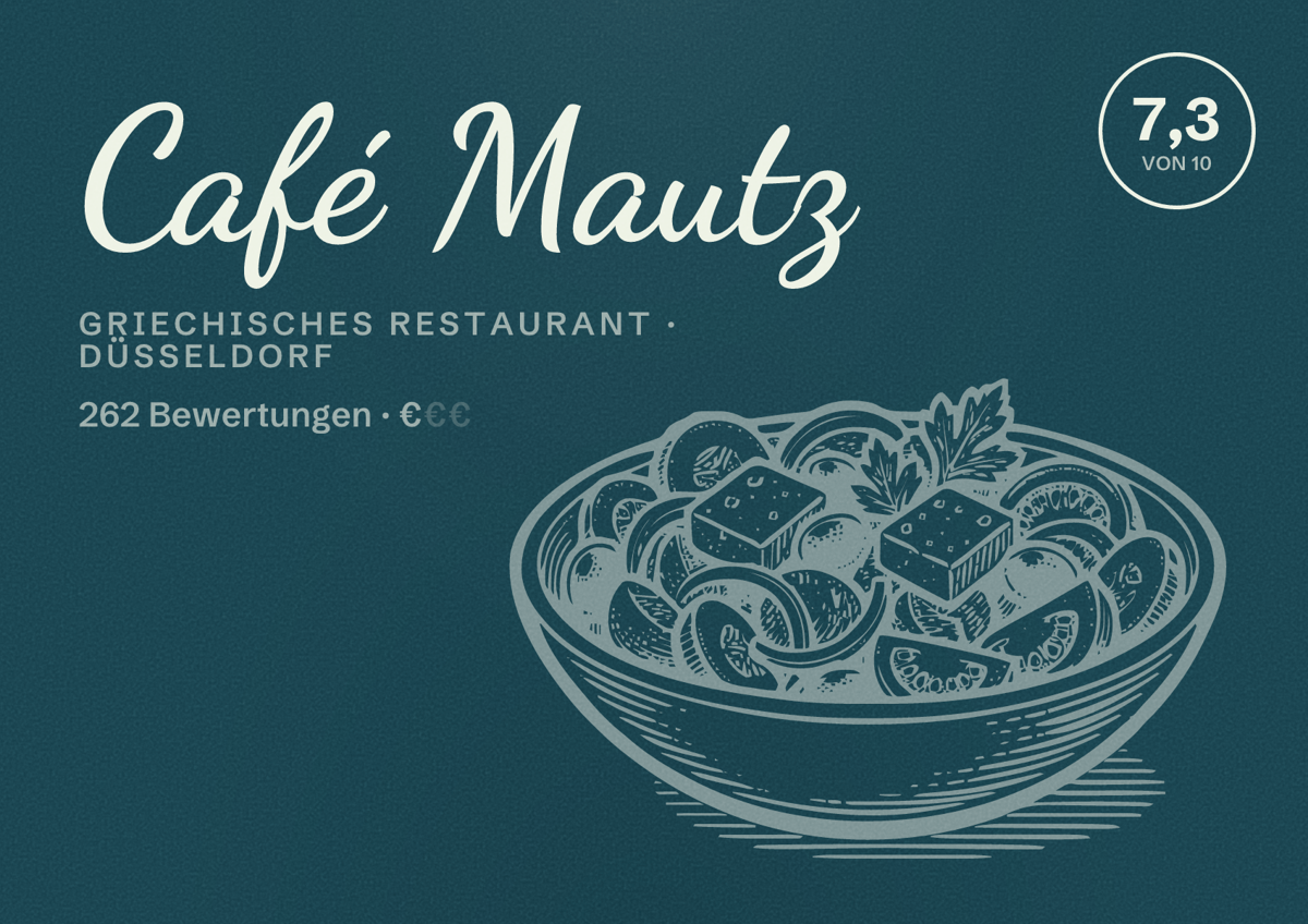 Illustriertes Poster von Café Mautz, Griechisches Restaurant in Düsseldorf: Bewertung 7,3 von 10 aus 262 Bewertungen, Preisniveau €