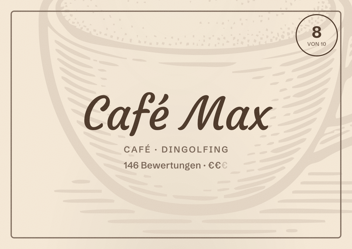 Illustriertes Poster von Café Max, Café in Dingolfing: Bewertung 8 von 10 aus 146 Bewertungen, Preisniveau €€