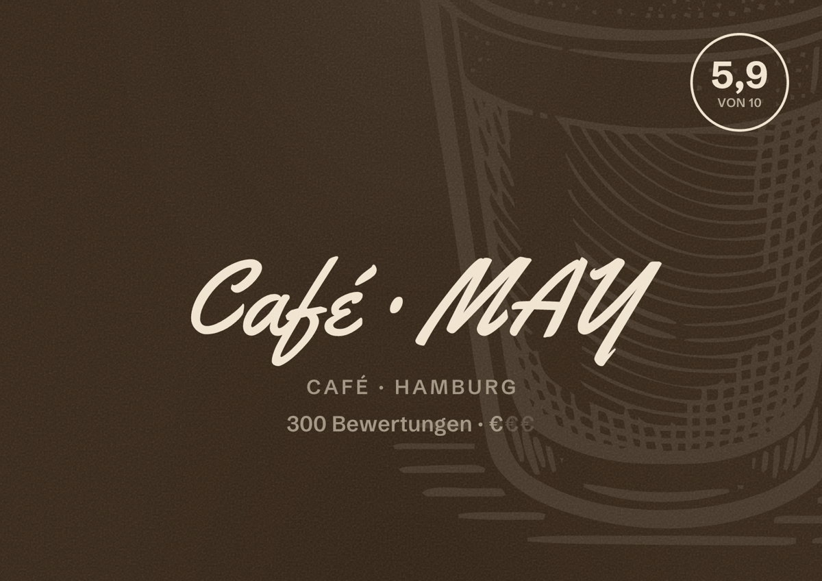 Illustriertes Poster von Café MAY, Café in Hamburg: Bewertung 5,9 von 10 aus 300 Bewertungen, Preisniveau €