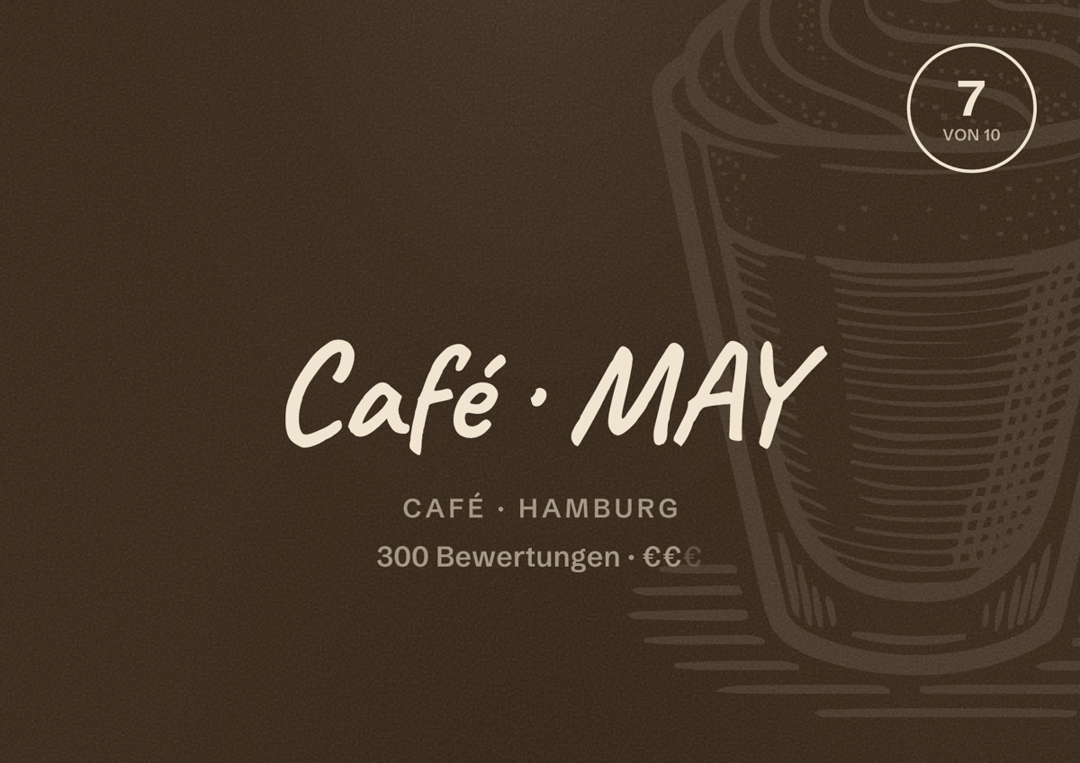 Illustriertes Poster von Café MAY, Café in Hamburg: Bewertung 7,0 von 10 aus 300 Bewertungen, Preisniveau €€