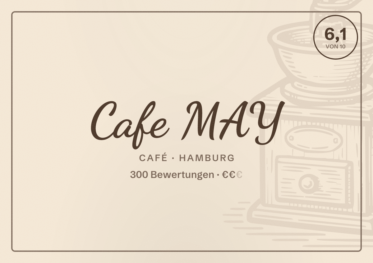 Illustriertes Poster von Cafe MAY, Café in Hamburg: Bewertung 6,1 von 10 aus 300 Bewertungen, Preisniveau €€