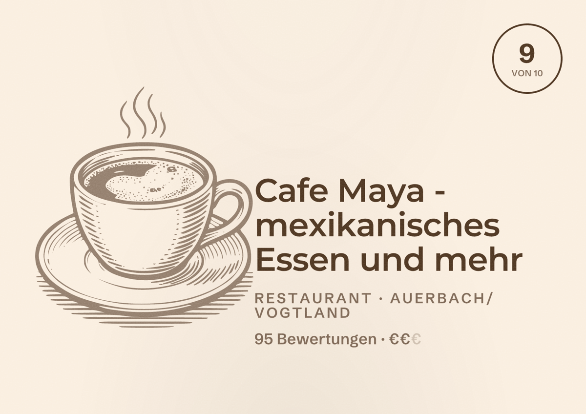 Illustriertes Poster von Cafe Maya - mexikanisches Essen und mehr, Restaurant in Auerbach/Vogtland: Bewertung 9 von 10 aus 95 Bewertungen, Preisniveau €€