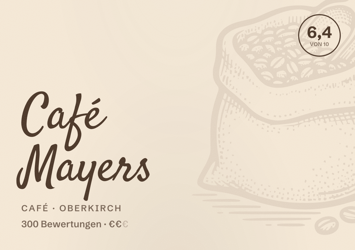 Illustriertes Poster von Café Mayers, Café in Oberkirch: Bewertung 6,4 von 10 aus 300 Bewertungen, Preisniveau €€