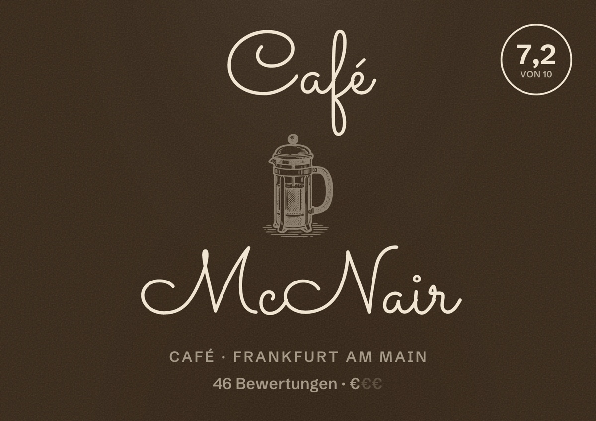 Illustriertes Poster von Café McNair, Café in Frankfurt am Main: Bewertung 7,2 von 10 aus 46 Bewertungen, Preisniveau €