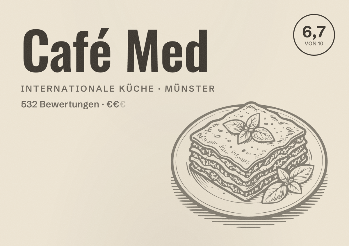 Illustriertes Poster von Café Med, Internationale Küche in Münster: Bewertung 6,7 von 10 aus 532 Bewertungen, Preisniveau €€