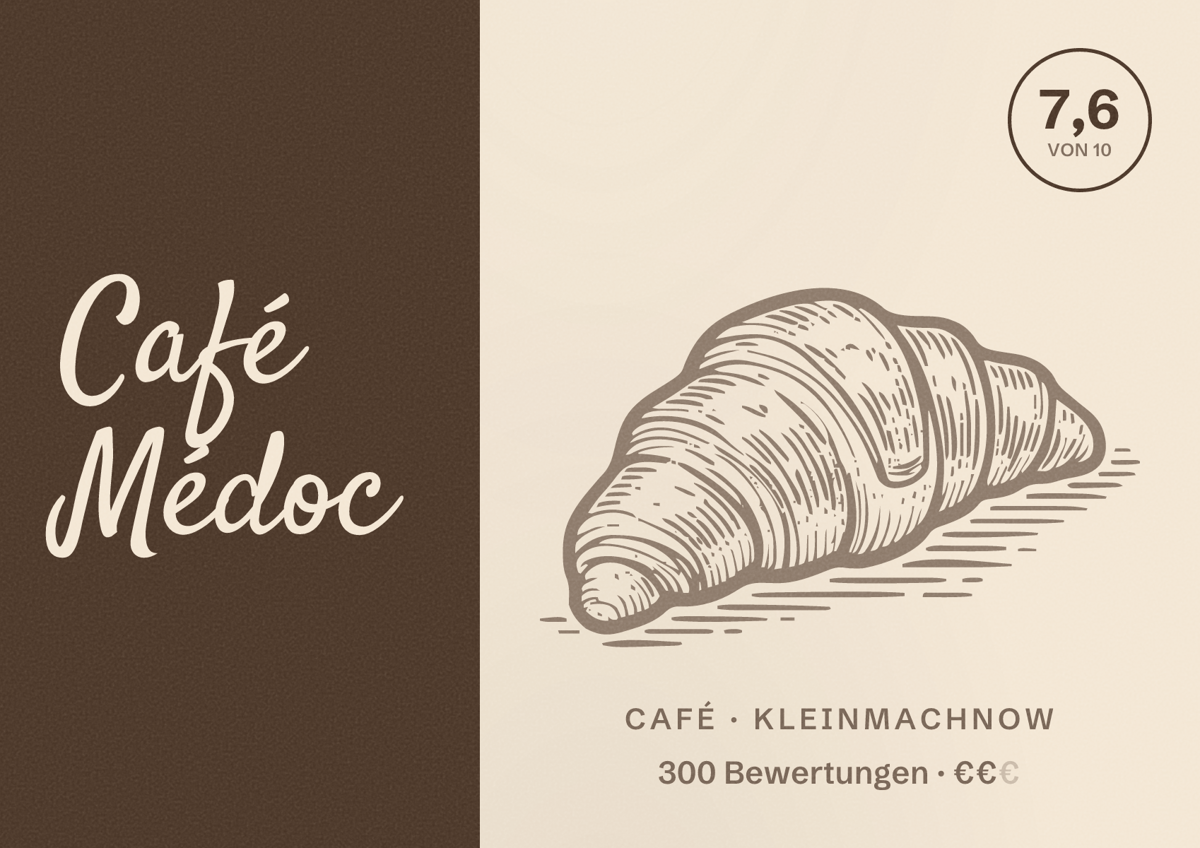 Illustriertes Poster von Café Médoc, Café in Kleinmachnow: Bewertung 7,6 von 10 aus 300 Bewertungen, Preisniveau €€