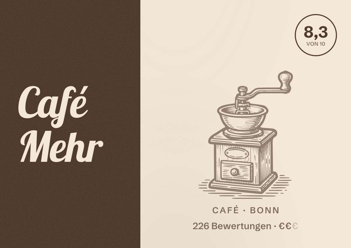 Illustriertes Poster von Café Mehr, Café in Bonn: Bewertung 8,3 von 10 aus 226 Bewertungen, Preisniveau €€