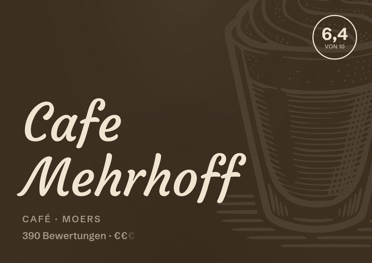 Illustriertes Poster von Cafe Mehrhoff, Café in Moers: Bewertung 6,4 von 10 aus 390 Bewertungen, Preisniveau €€