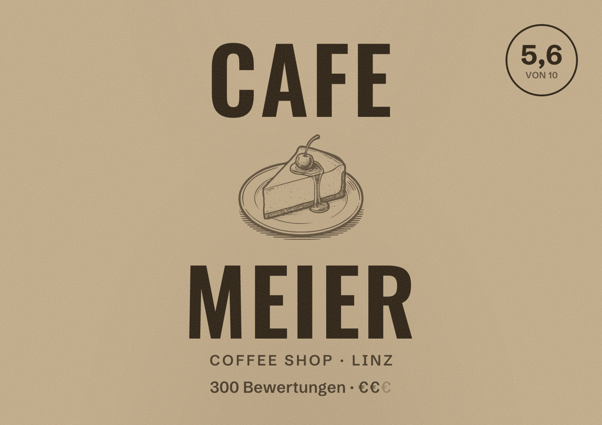 Illustriertes Poster von Cafe Meier, Coffee Shop in Linz: Bewertung 5,6 von 10 aus 300 Bewertungen, Preisniveau €€