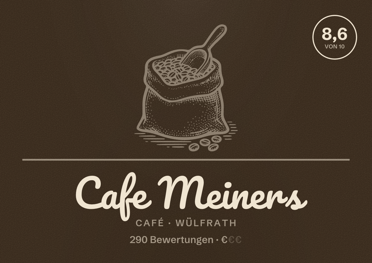 Illustriertes Poster von Cafe Meiners, Café in Wülfrath: Bewertung 8,6 von 10 aus 290 Bewertungen, Preisniveau €