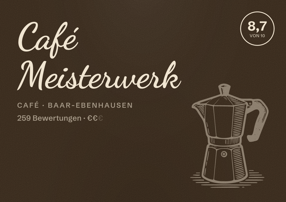 Illustriertes Poster von Café Meisterwerk, Café in Baar-Ebenhausen: Bewertung 8,7 von 10 aus 259 Bewertungen, Preisniveau €€