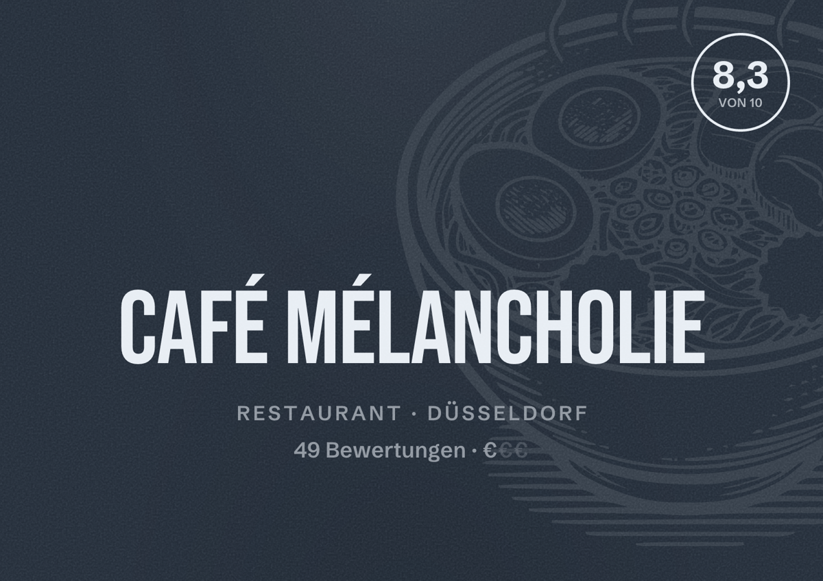 Illustriertes Poster von Café Mélancholie, Restaurant in Düsseldorf: Bewertung 8,3 von 10 aus 49 Bewertungen, Preisniveau €