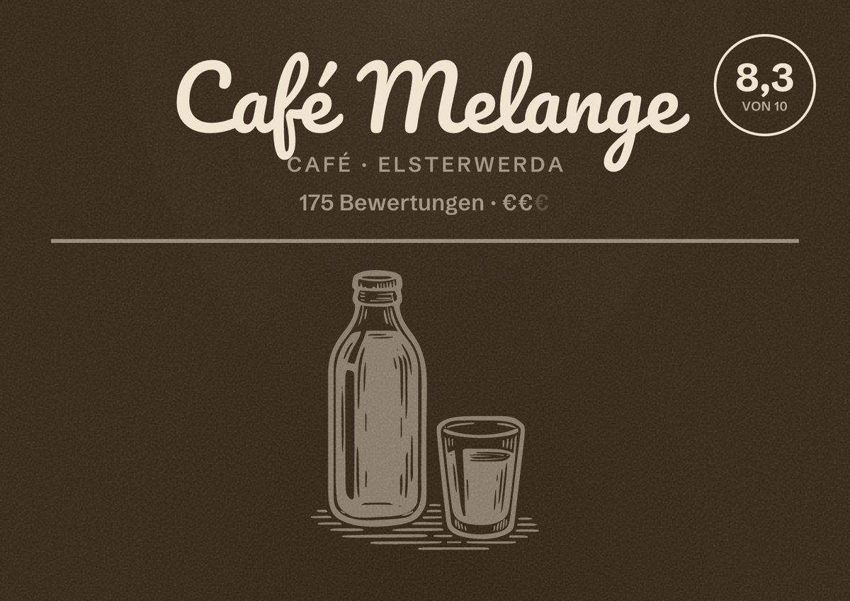 Illustriertes Poster von Café Melange, Café in Elsterwerda: Bewertung 8,3 von 10 aus 175 Bewertungen, Preisniveau €€
