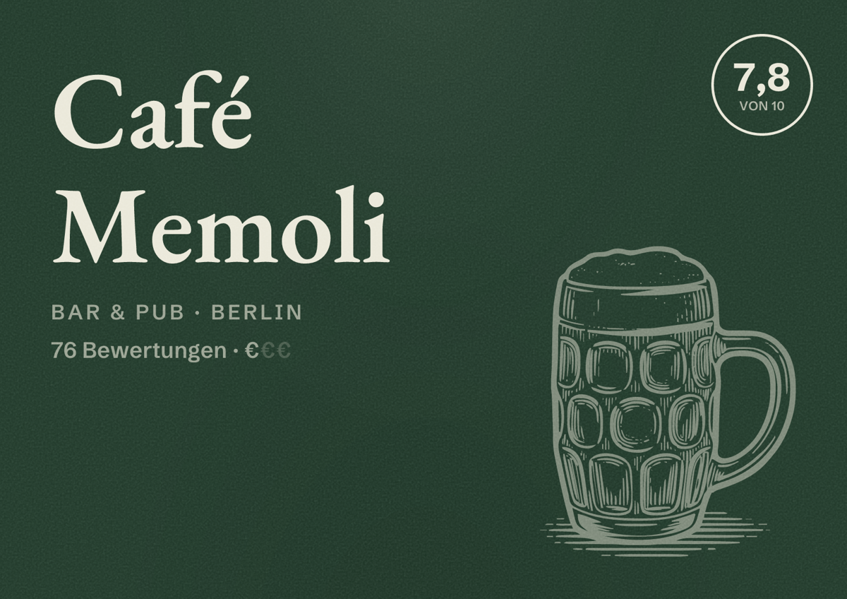 Illustriertes Poster von Café Memoli, Bar & Pub in Berlin: Bewertung 7,8 von 10 aus 76 Bewertungen, Preisniveau €