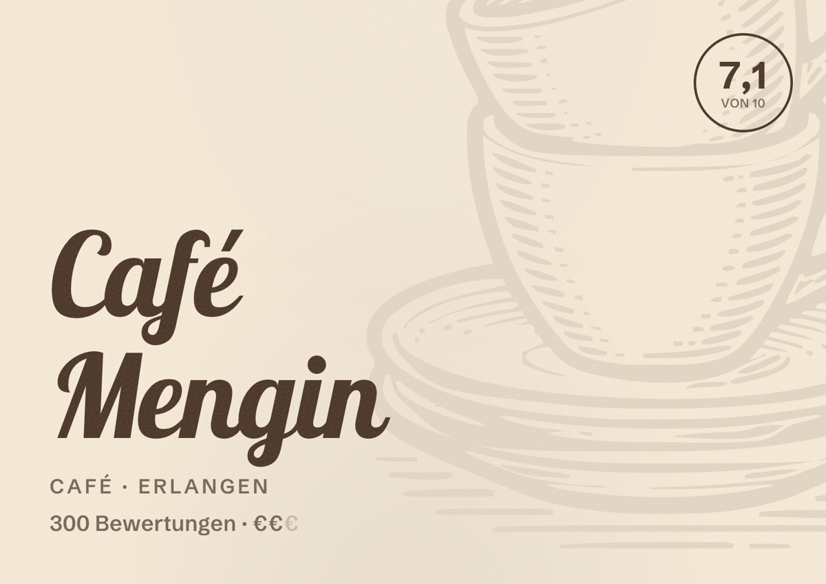 Illustriertes Poster von Café Mengin, Café in Erlangen: Bewertung 7,1 von 10 aus 300 Bewertungen, Preisniveau €€