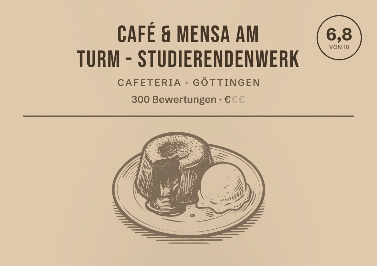 Illustriertes Poster von Café & Mensa am Turm - Studierendenwerk, Cafeteria in Göttingen: Bewertung 6,8 von 10 aus 300 Bewertungen, Preisniveau €