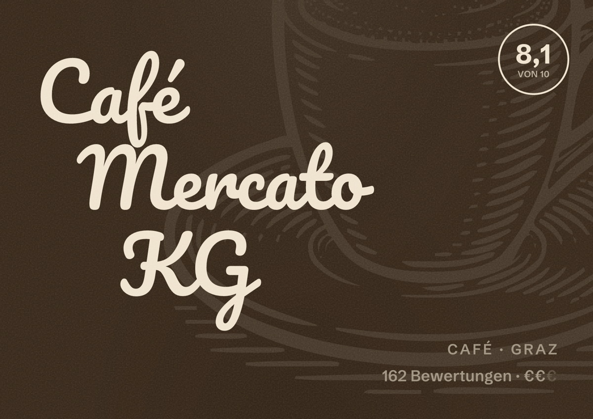 Illustriertes Poster von Café Mercato KG, Café in Graz: Bewertung 8,1 von 10 aus 162 Bewertungen, Preisniveau €€