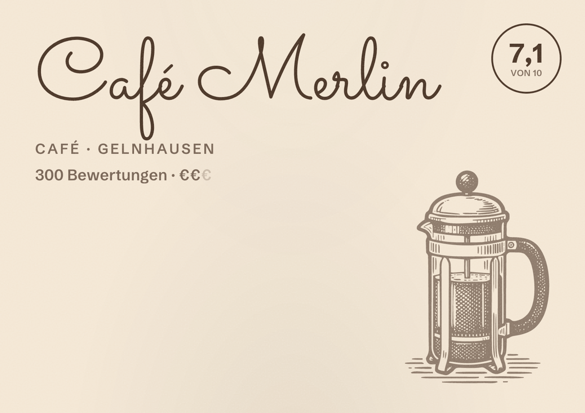 Illustriertes Poster von Café Merlin, Café in Gelnhausen: Bewertung 7,1 von 10 aus 300 Bewertungen, Preisniveau €€