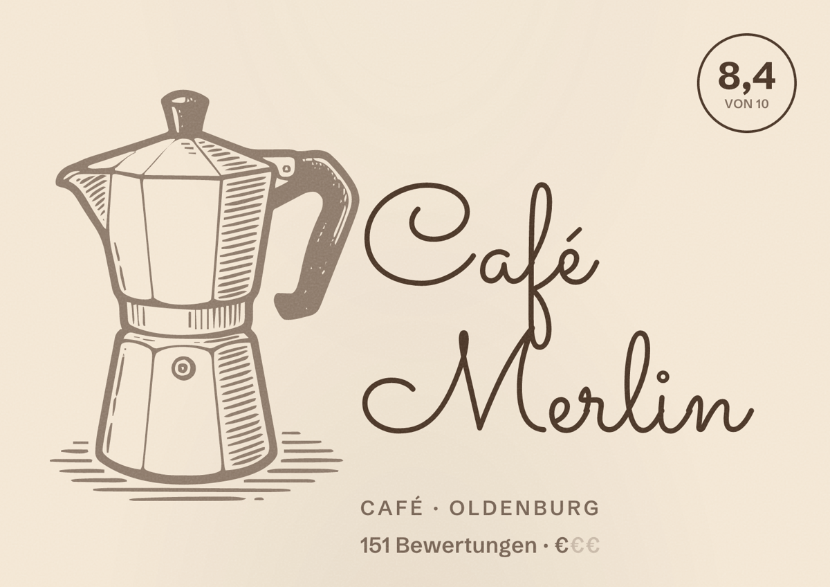 Illustriertes Poster von Café Merlin, Café in Oldenburg: Bewertung 8,4 von 10 aus 151 Bewertungen, Preisniveau €