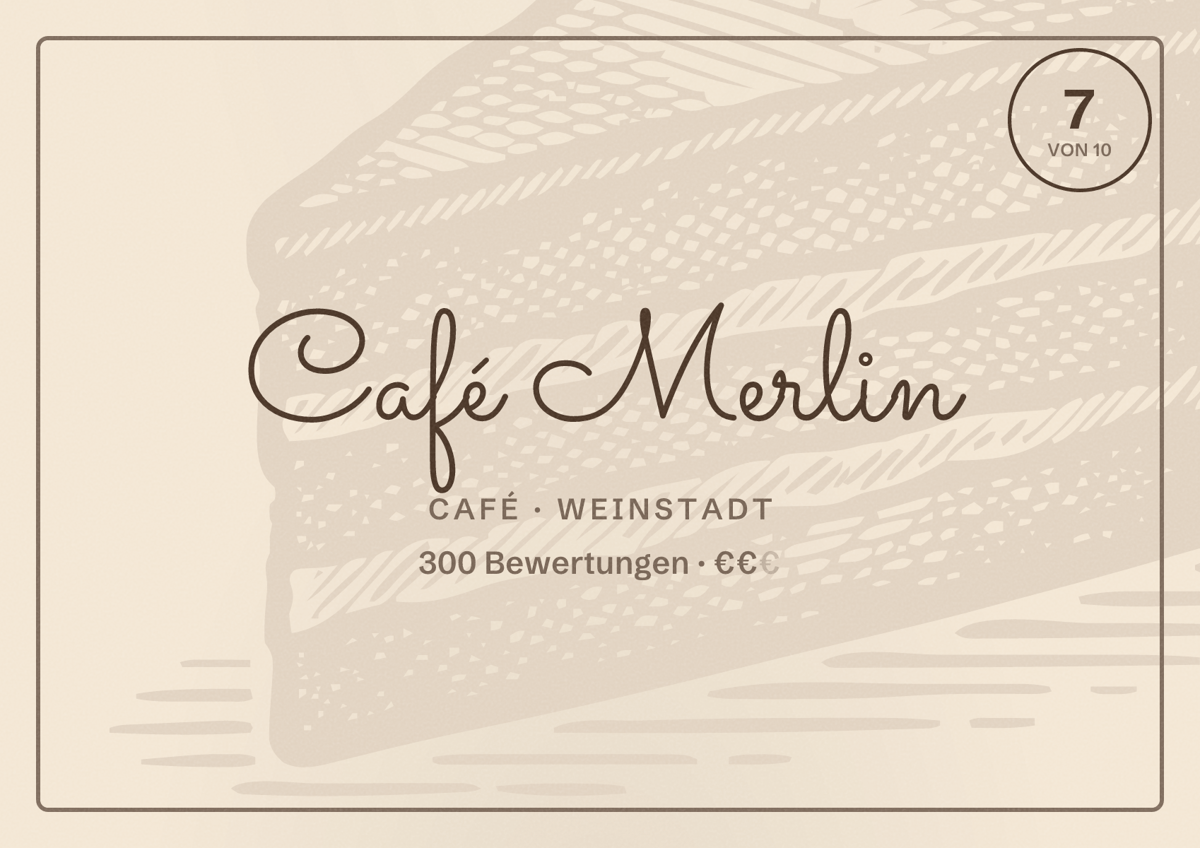 Illustriertes Poster von Café Merlin, Café in Weinstadt: Bewertung 7 von 10 aus 300 Bewertungen, Preisniveau €€