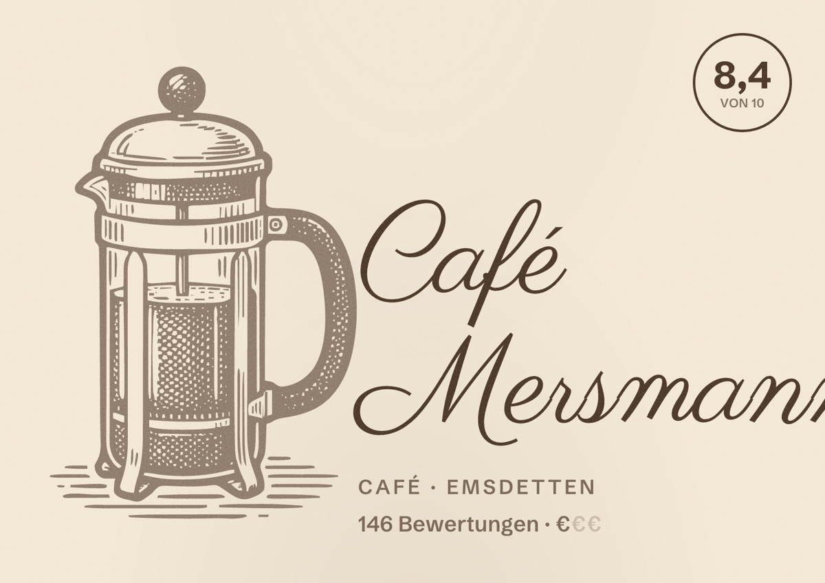 Illustriertes Poster von Café Mersmann, Café in Emsdetten: Bewertung 8,4 von 10 aus 146 Bewertungen, Preisniveau €