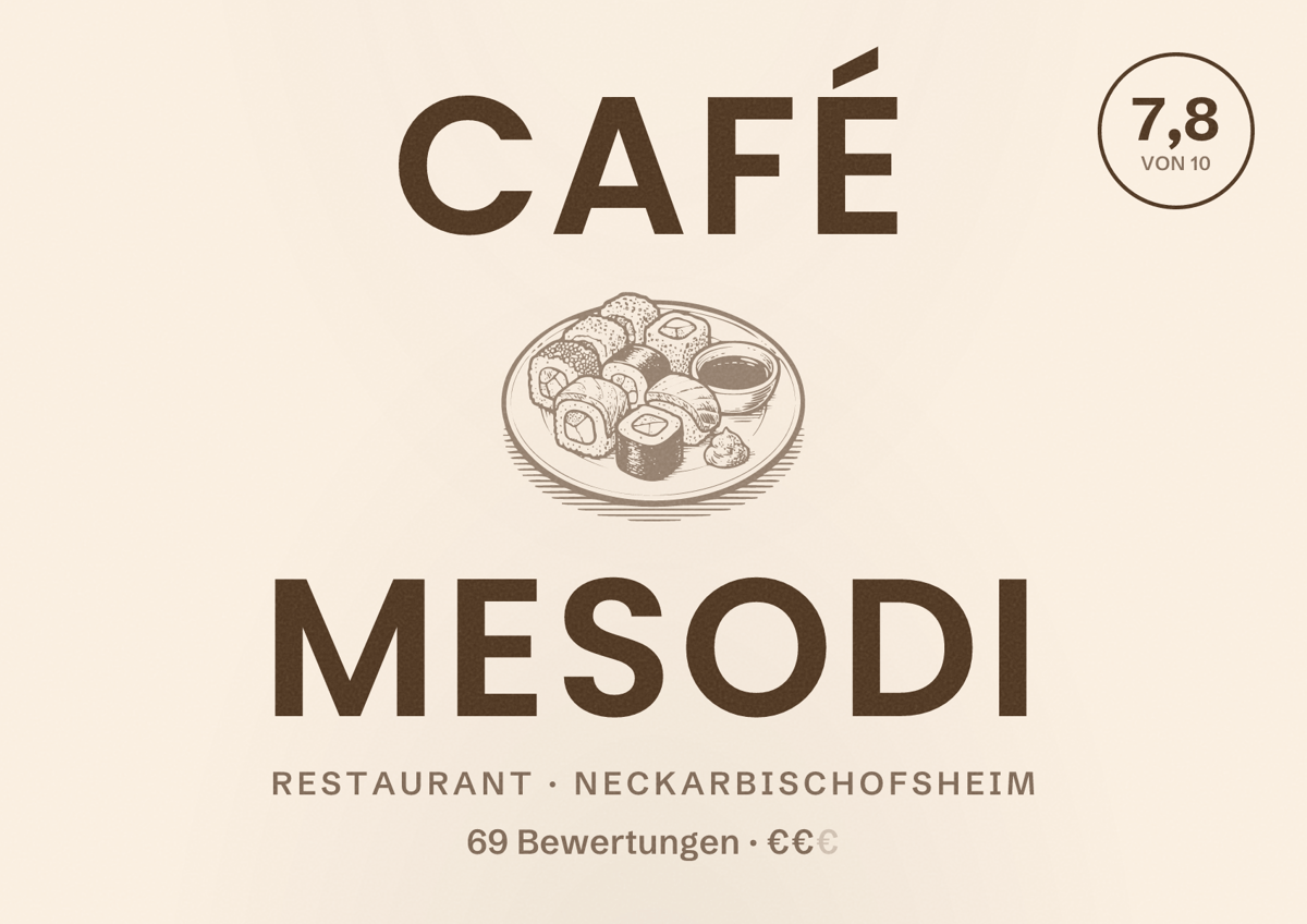 Illustriertes Poster von Café Mesodi, Restaurant in Neckarbischofsheim: Bewertung 7,8 von 10 aus 69 Bewertungen, Preisniveau €€