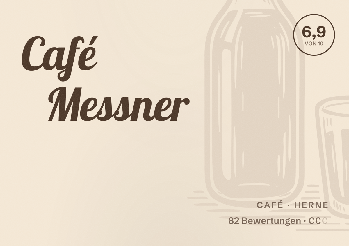 Illustriertes Poster von Café Messner, Café in Herne: Bewertung 6,9 von 10 aus 82 Bewertungen, Preisniveau €€