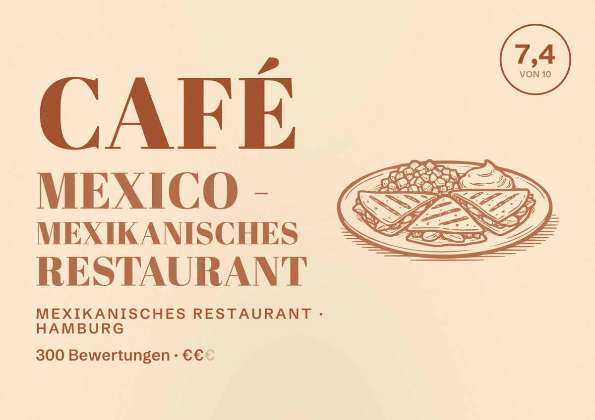 Illustriertes Poster von Café Mexico - Mexikanisches Restaurant, Mexikanisches Restaurant in Hamburg: Bewertung 7,4 von 10 aus 300 Bewertungen, Preisniveau €€