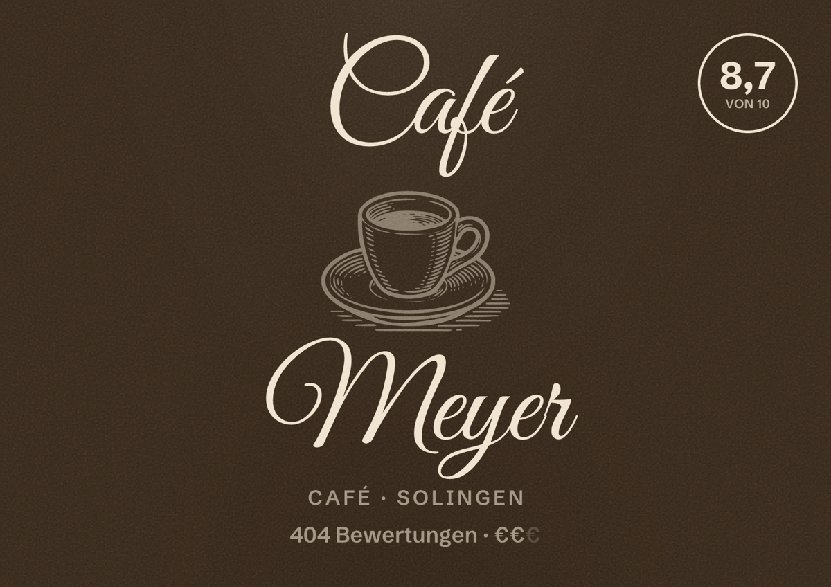 Illustriertes Poster von Café Meyer, Café in Solingen: Bewertung 8,7 von 10 aus 404 Bewertungen, Preisniveau €€