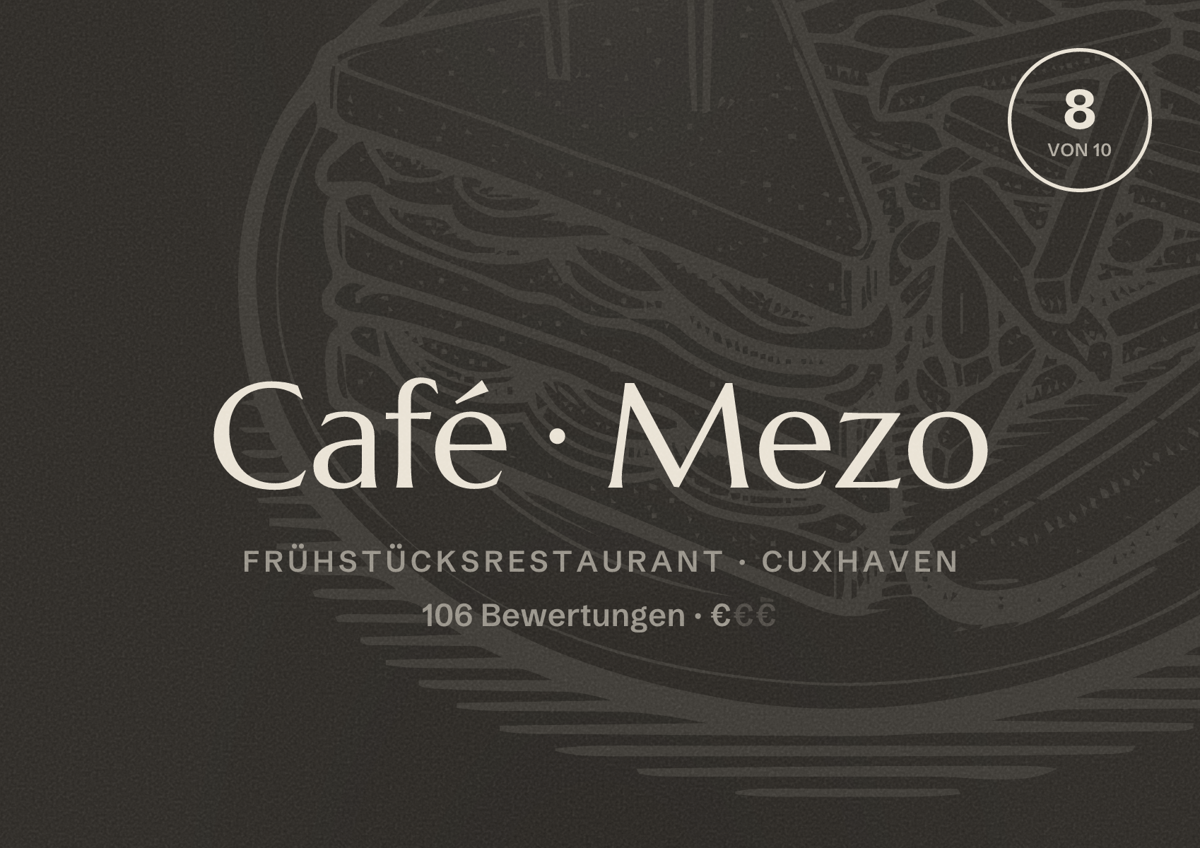 Illustriertes Poster von Café Mezo, Frühstücksrestaurant in Cuxhaven: Bewertung 8 von 10 aus 106 Bewertungen, Preisniveau €